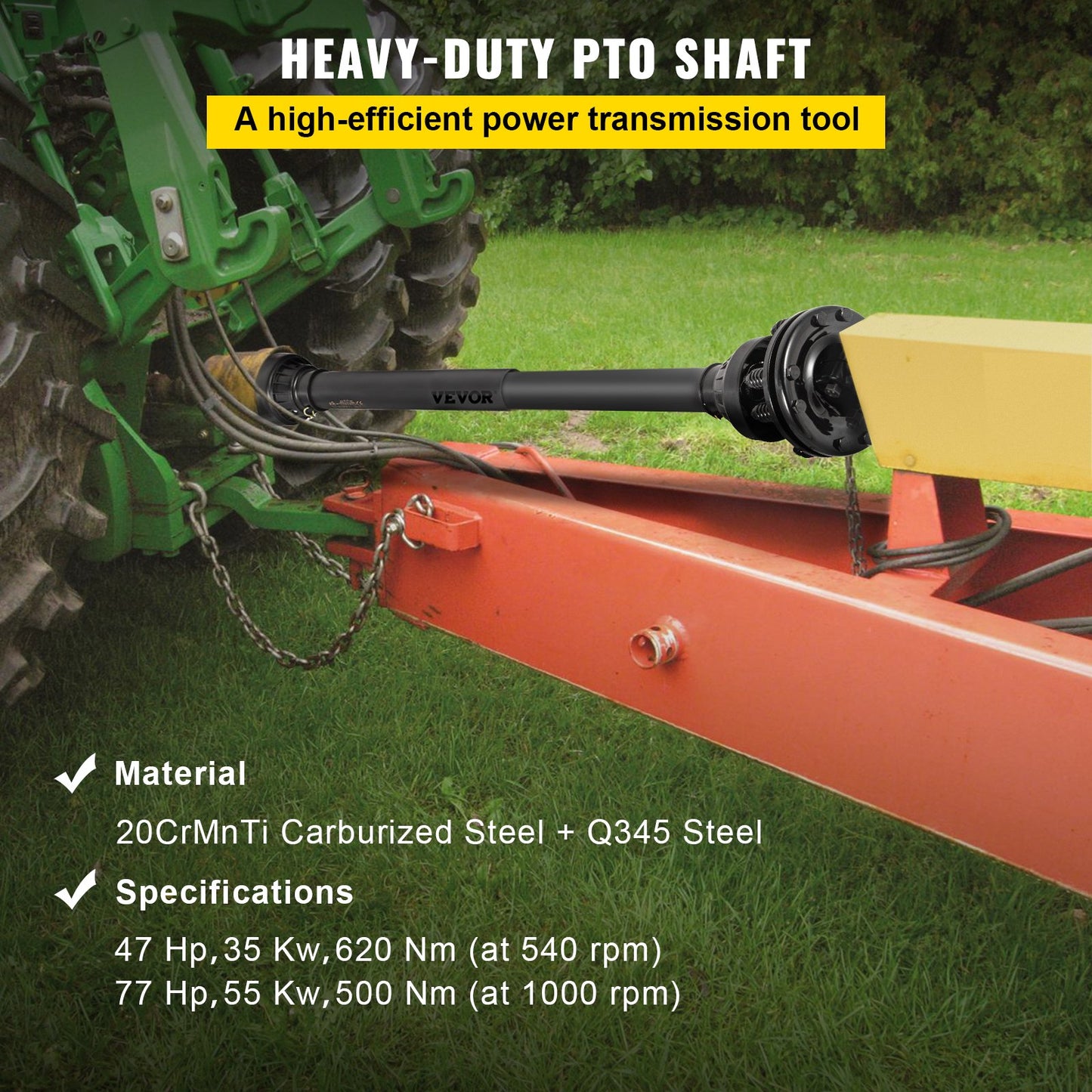 Garden PTO Drive Shaft 1-3/8" 6 Spline, Adjustable Length 43-57" for Tractor, Brush Hog, Finish Mower - Black