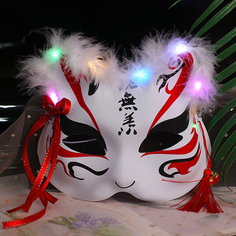 Halloween Party Luminous Feather Fox Mask Two-Faced Cat Face Mask