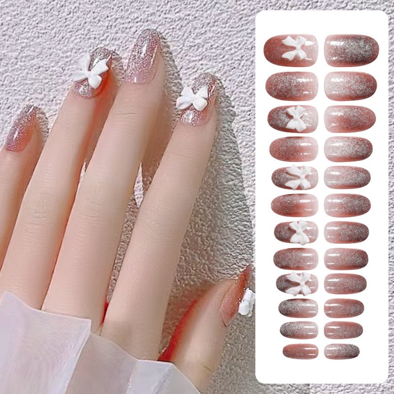 Cat Eye Bow Nail Patches 24-Piece Kit with Jelly Glue