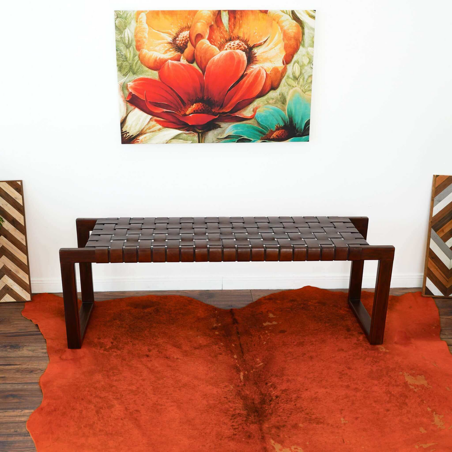 Christina Mid-Century Modern Tan Leather Bench With Solid Wood Frame