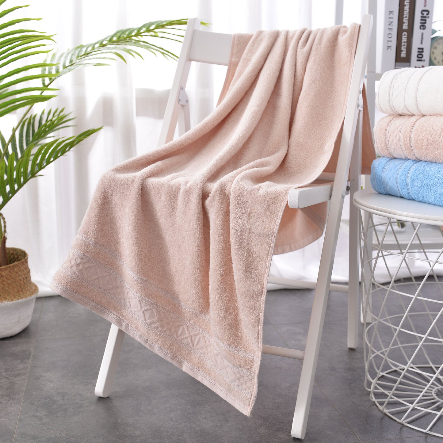 Large Cotton Bath Towel - Thickened, Highly Absorbent, Solid Color