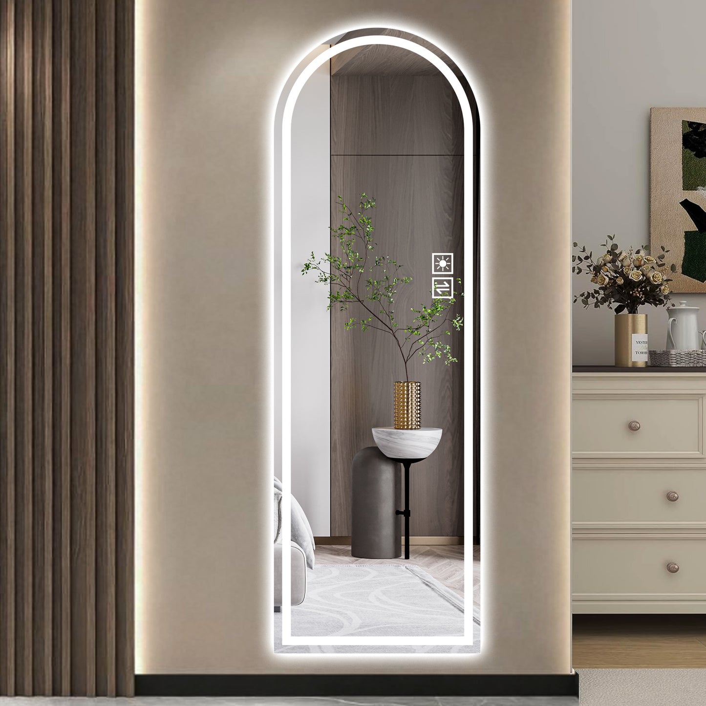 65" x 21" Arched Full Length LED Mirror - Dimmable, Touch Control, Silver