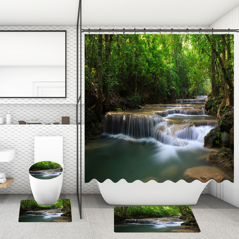 Bathroom Shower Curtain and Floor Mat Set Ocean World Printing - 4 Piece