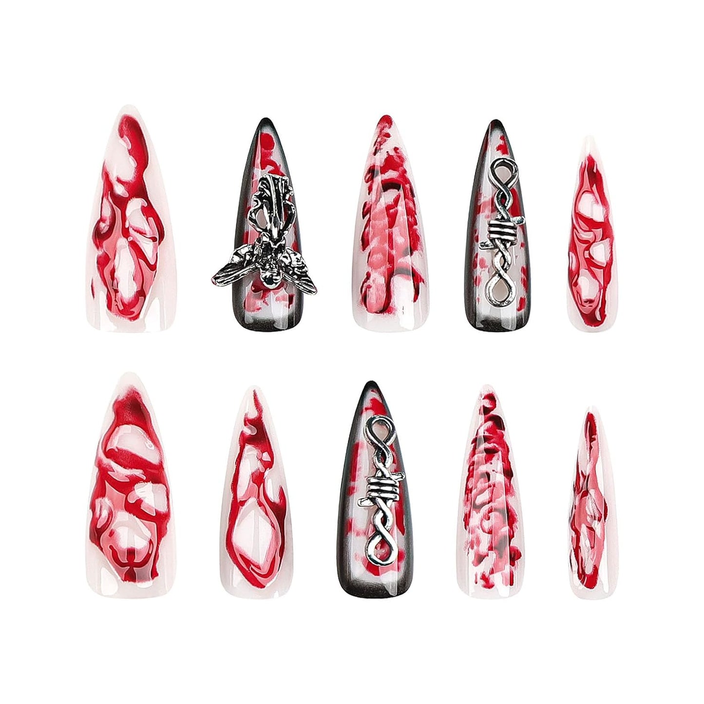 Extra Long Teardrop Press-On Nails - 3D Blood Angel Gothic Nail Art Set