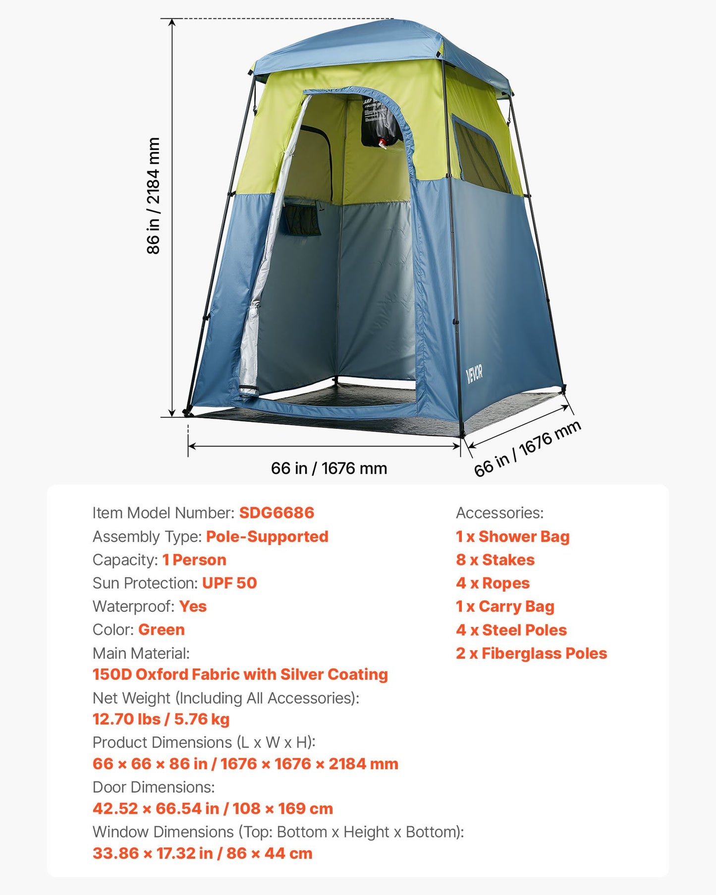 Portable Camping Shower Tent with Privacy, Ground Stakes & Carry Bag