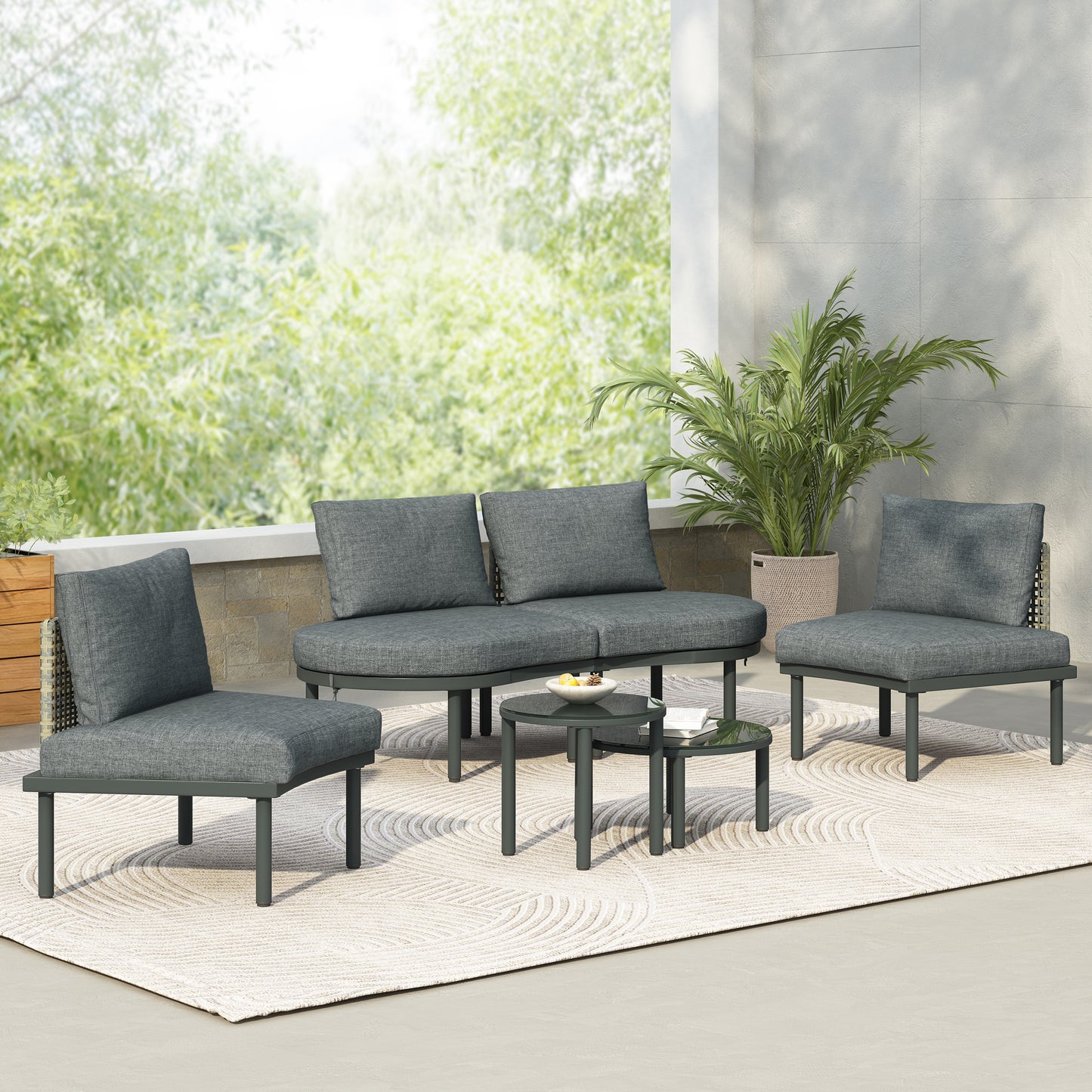 6-Piece Patio Sofa Set with Half Moon Sectional & Coffee Tables