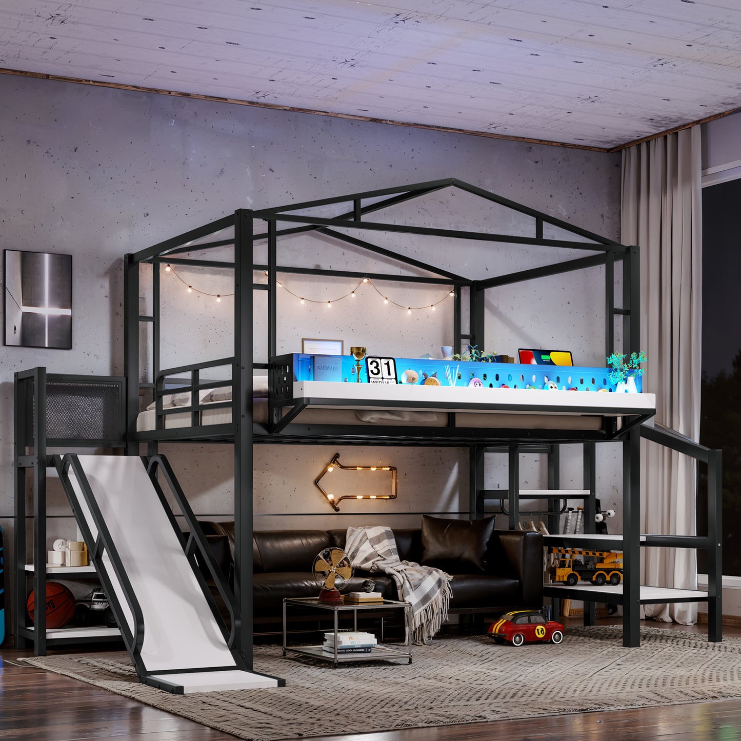 Full Size Metal Loft Bed with Storage Stairs, USB Ports & LED Lights - Black