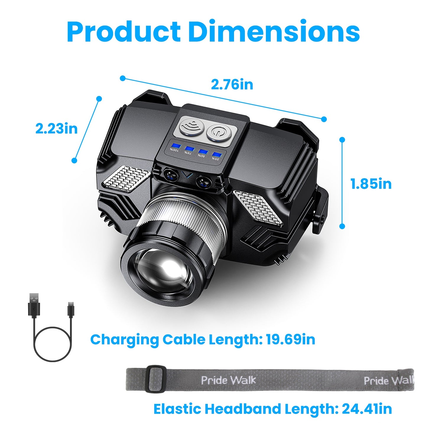 Rechargeable Motion Sensor LED Headlamp with Zoom & 3 Light Modes Waterproof Outdoor Headlight Black