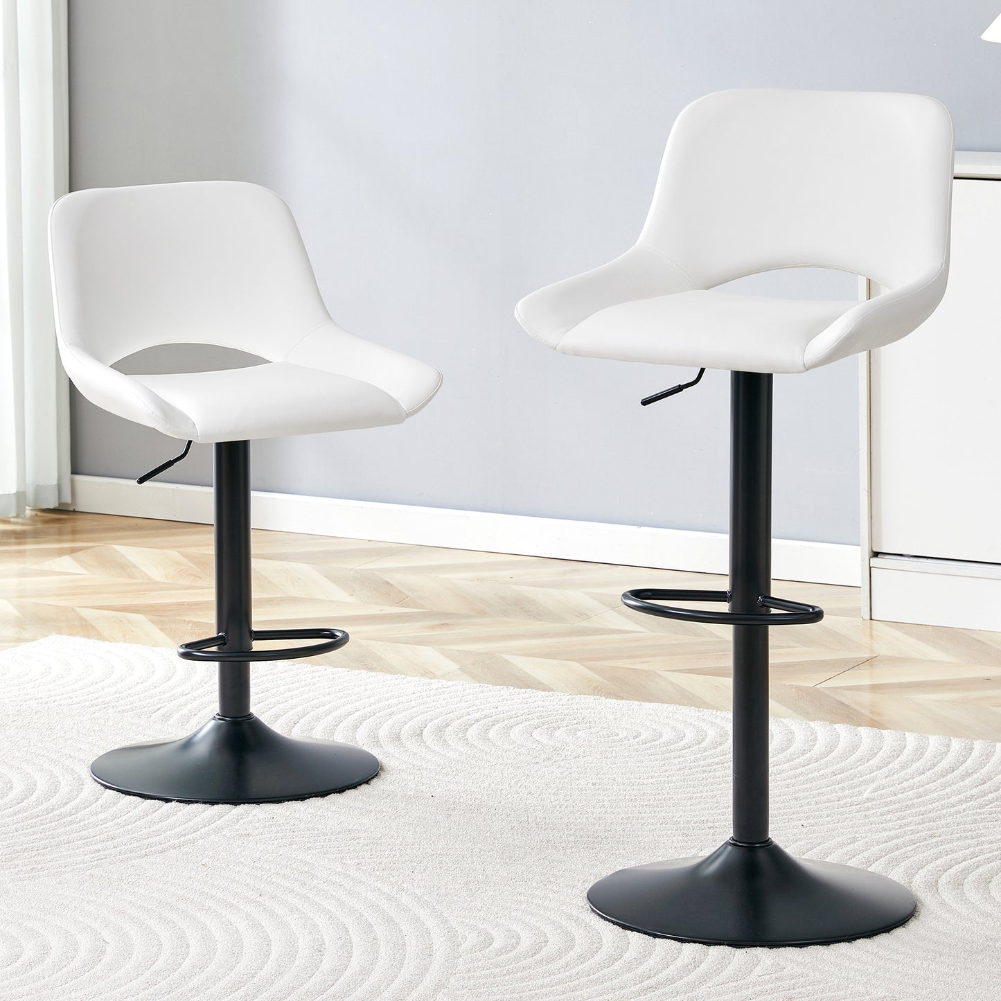 Modern Swivel Adjustable Bar Stools Set - 2 Pack, White PU Material,
