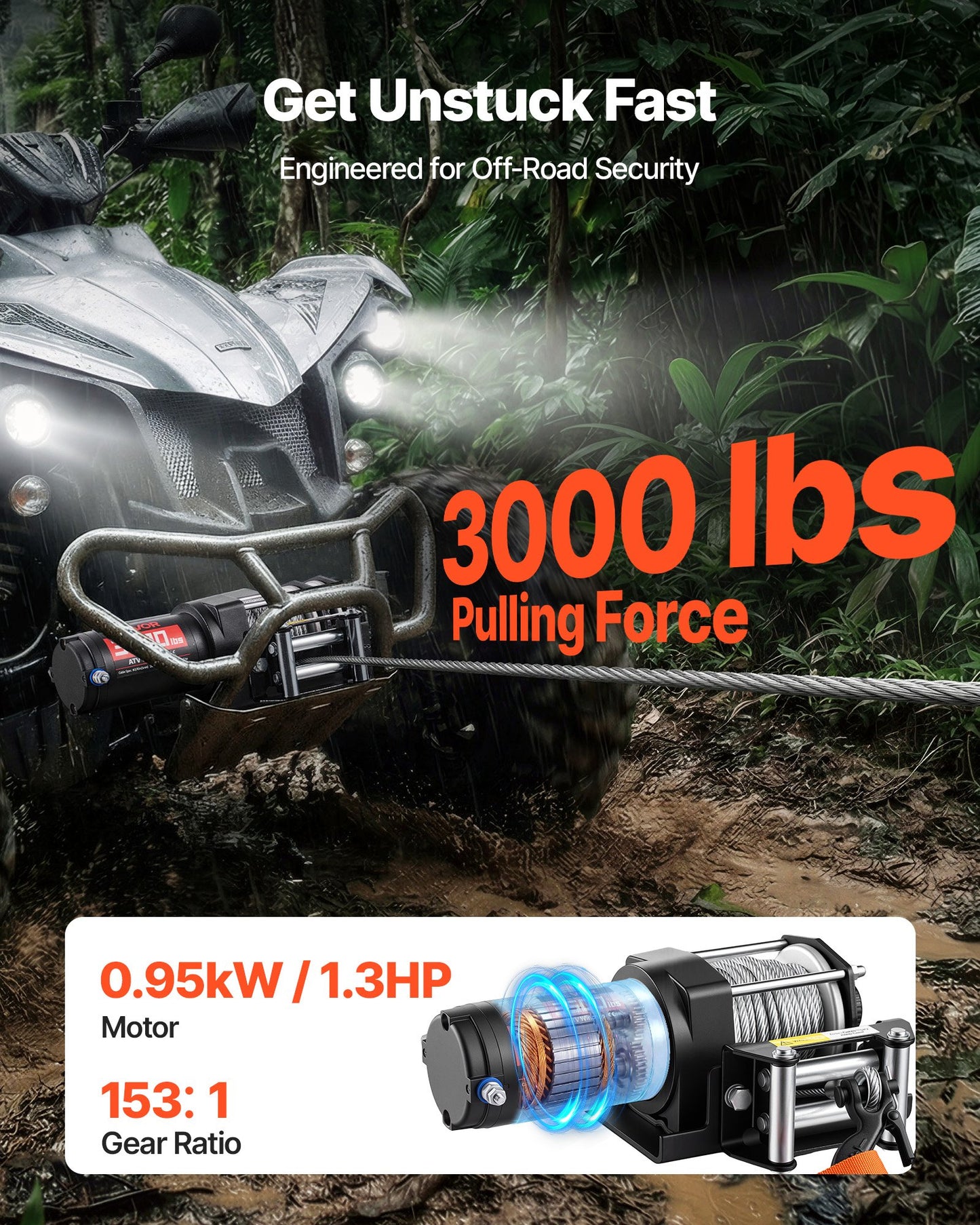 3000 Lb Electric Winch for ATV UTV 12V DC Steel Wire Rope Waterproof Aluminum Housing