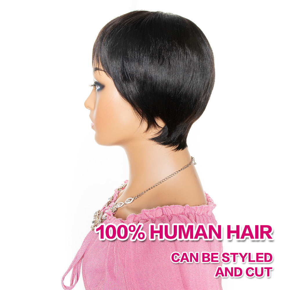 Short Pixie Cut Human Hair Wig with Bangs - Black