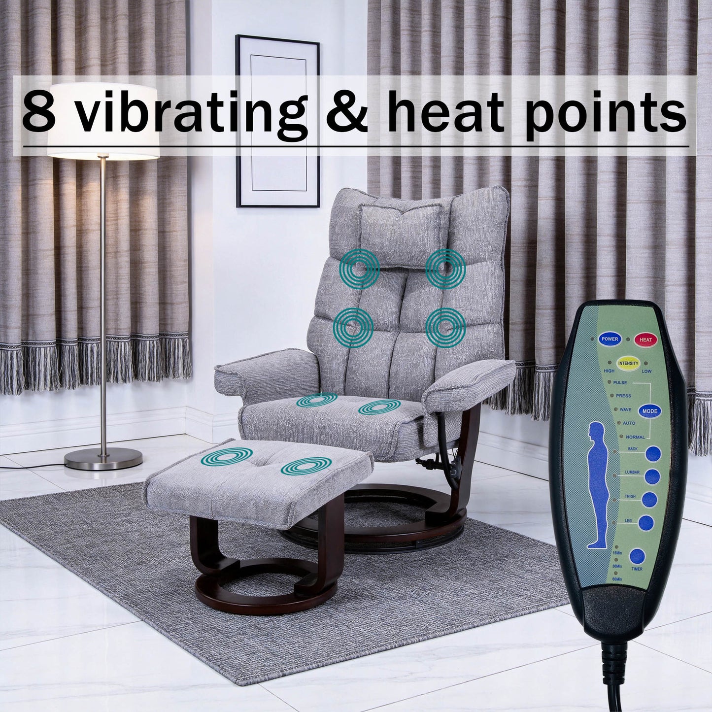 Massage Recliner Chair with Ottoman - Heated Chenille Fabric, Grey