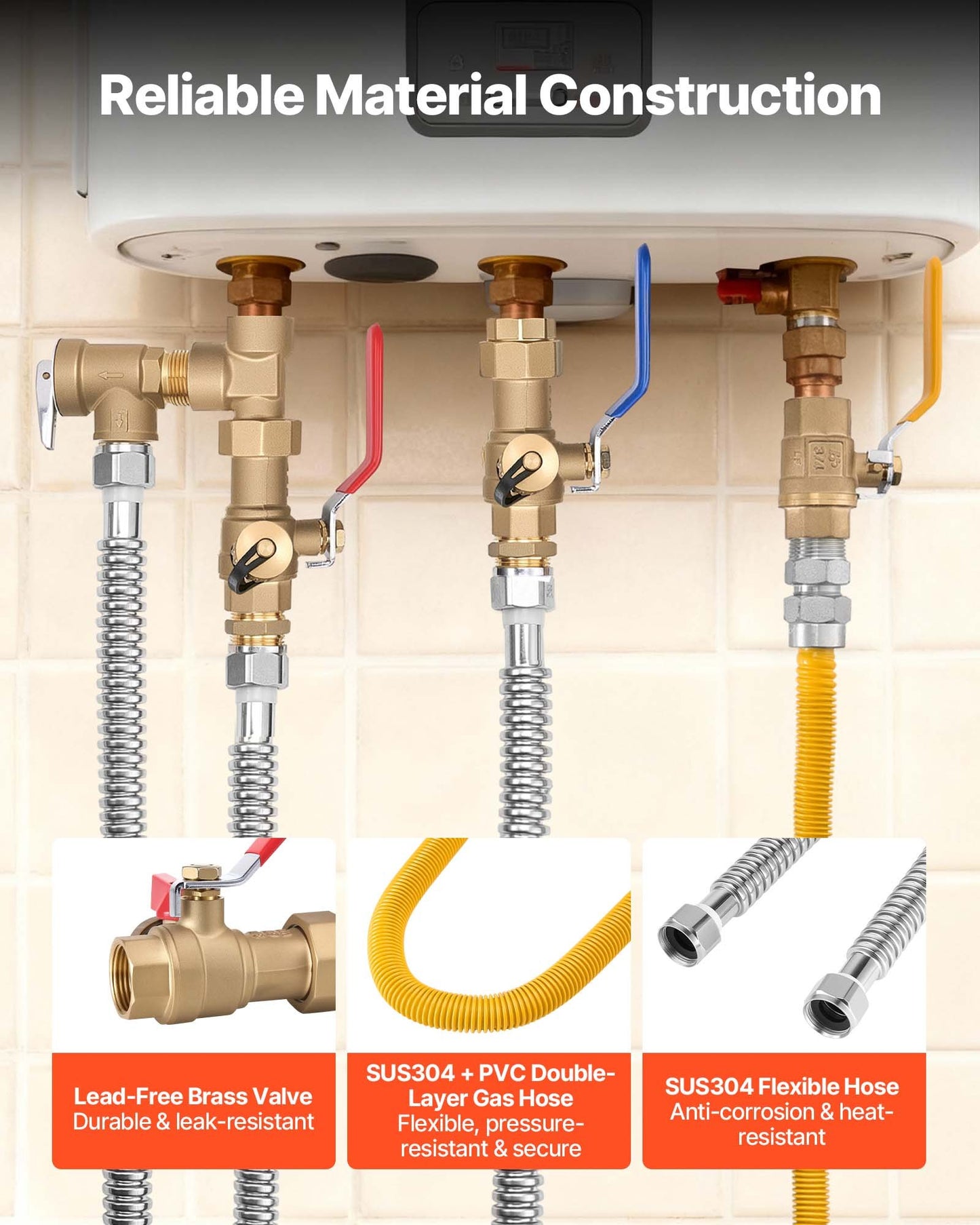 Water Heater Repair Kit with 3/4 Inch Valves and Gas Hoses - Universal Installation