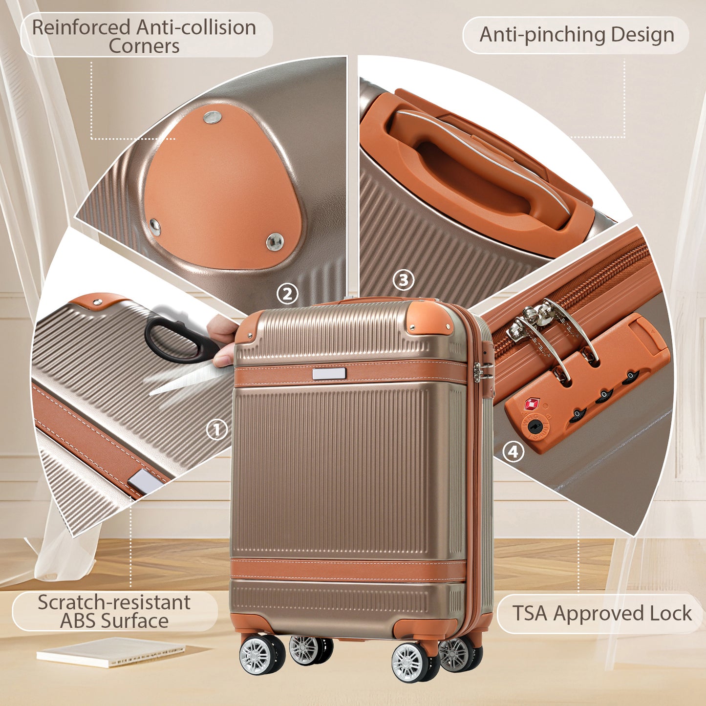 20-Inch Hardshell Luggage Set - 3-Piece Copper Carry-On Suitcase
