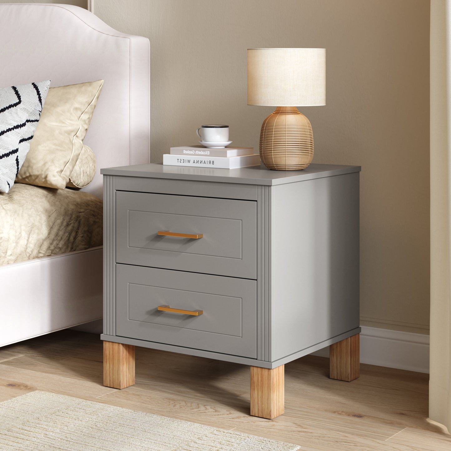 2 Drawer Nightstand with Elegant Fluted Design - Gray