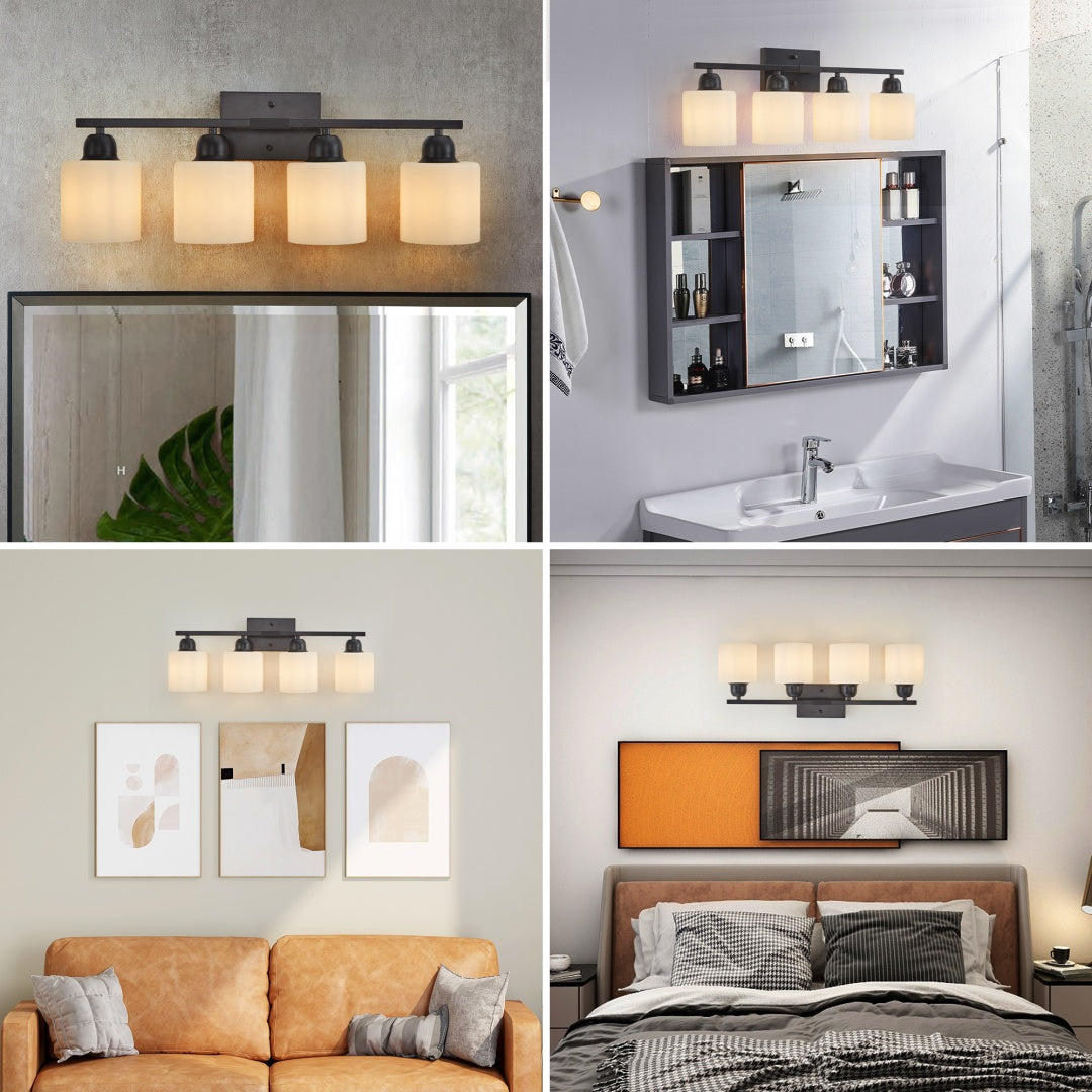 4-Light Modern Black Bathroom Vanity Light Fixture - Frosted Glass Shades