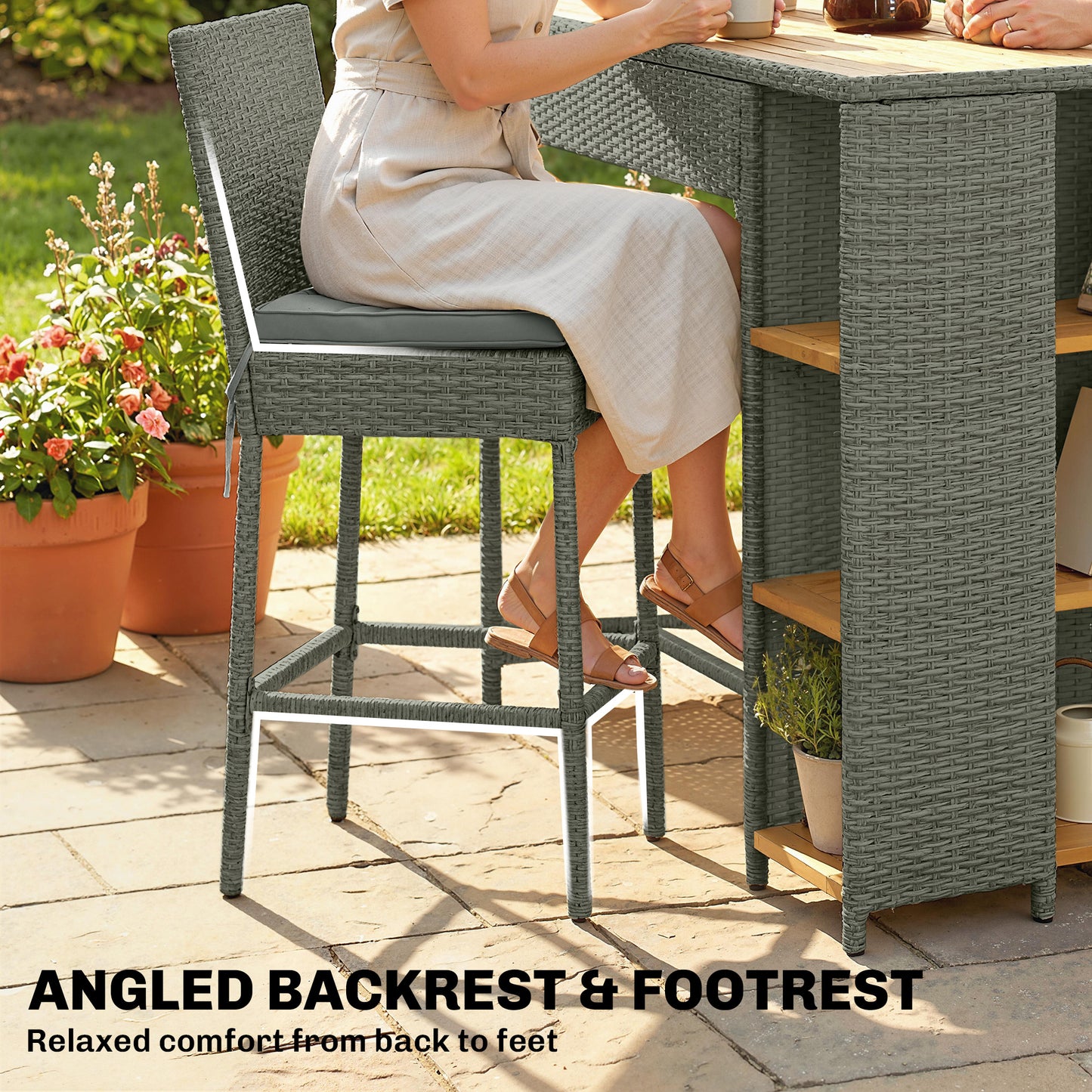 5-Piece Wicker Outdoor Bar Set with Cushions & 3 Shelves - Gray
