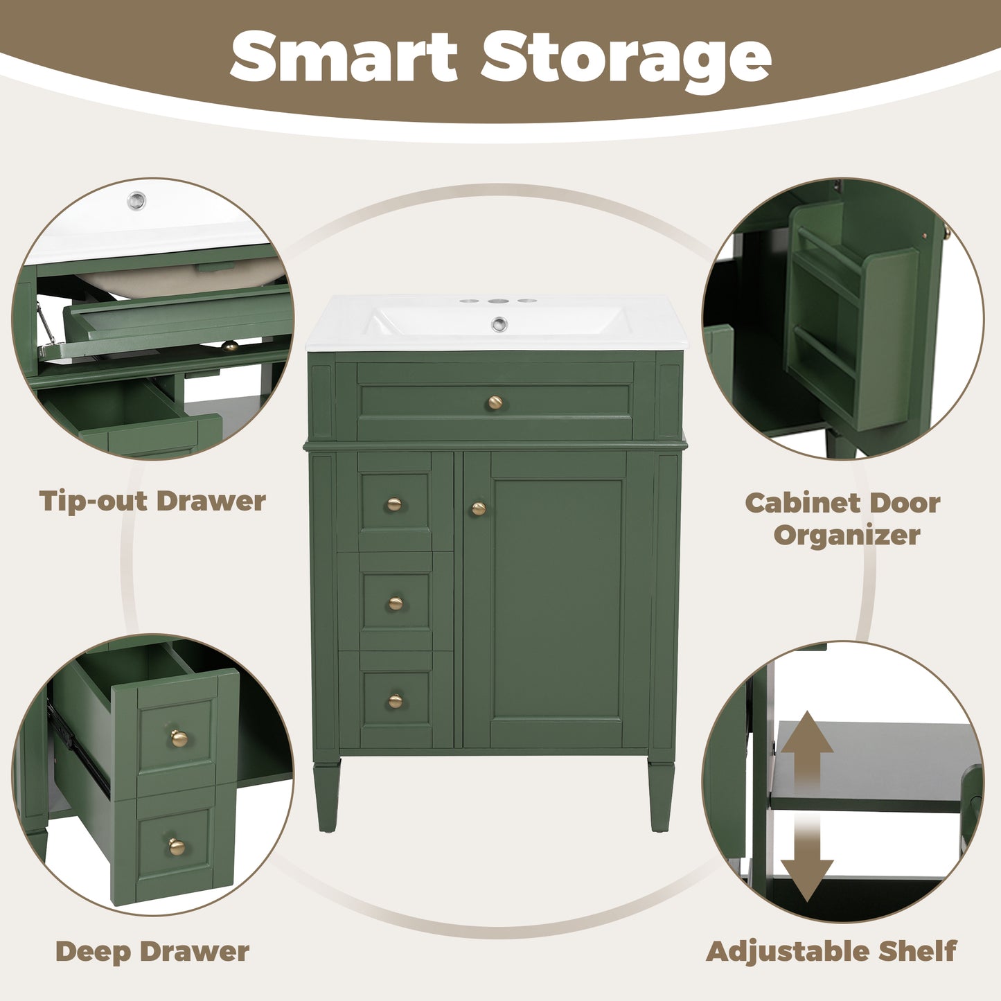 24'' Green Bathroom Vanity with Ceramic Sink & Storage Drawers