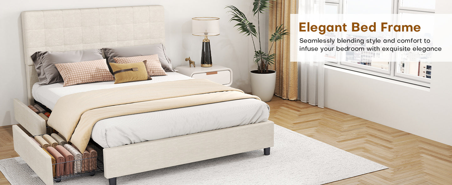 Bed Frame Upholstered Vertical Channel Headboard With 4 Storage