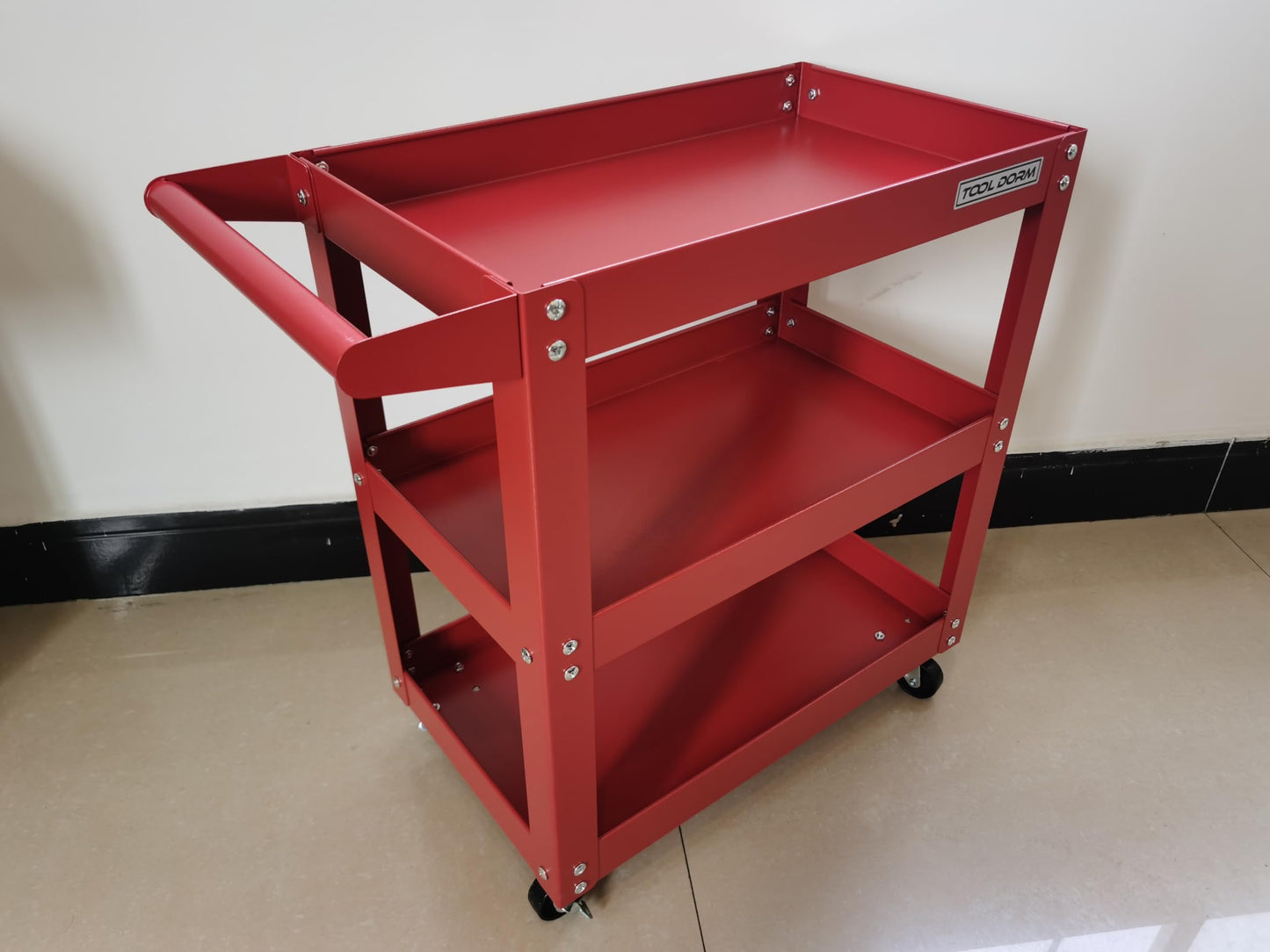 Three-Tier Handcart Tool Storage Cart with Lockable Wheels - Red