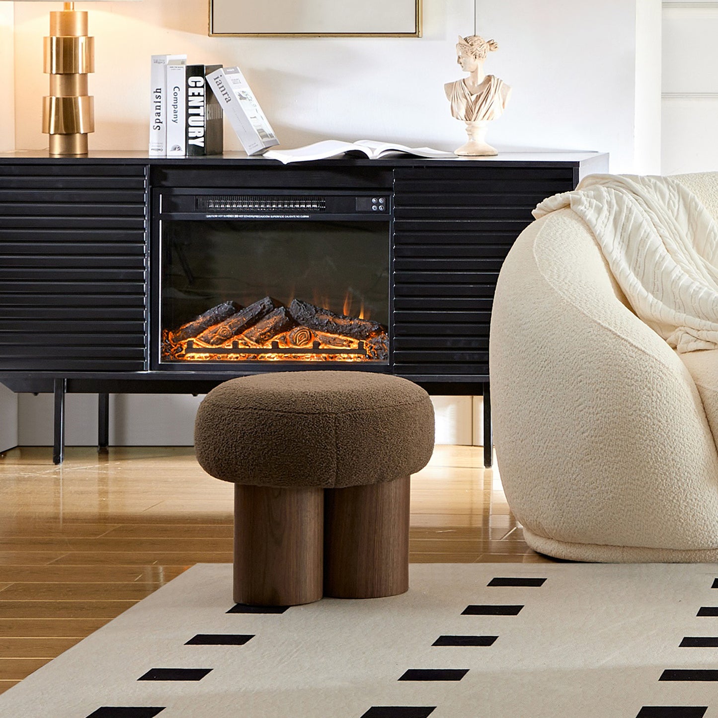 W8017-1 Mushroom Stool, Brown Lamb Wool Seat, Barrel PVC Pipe With