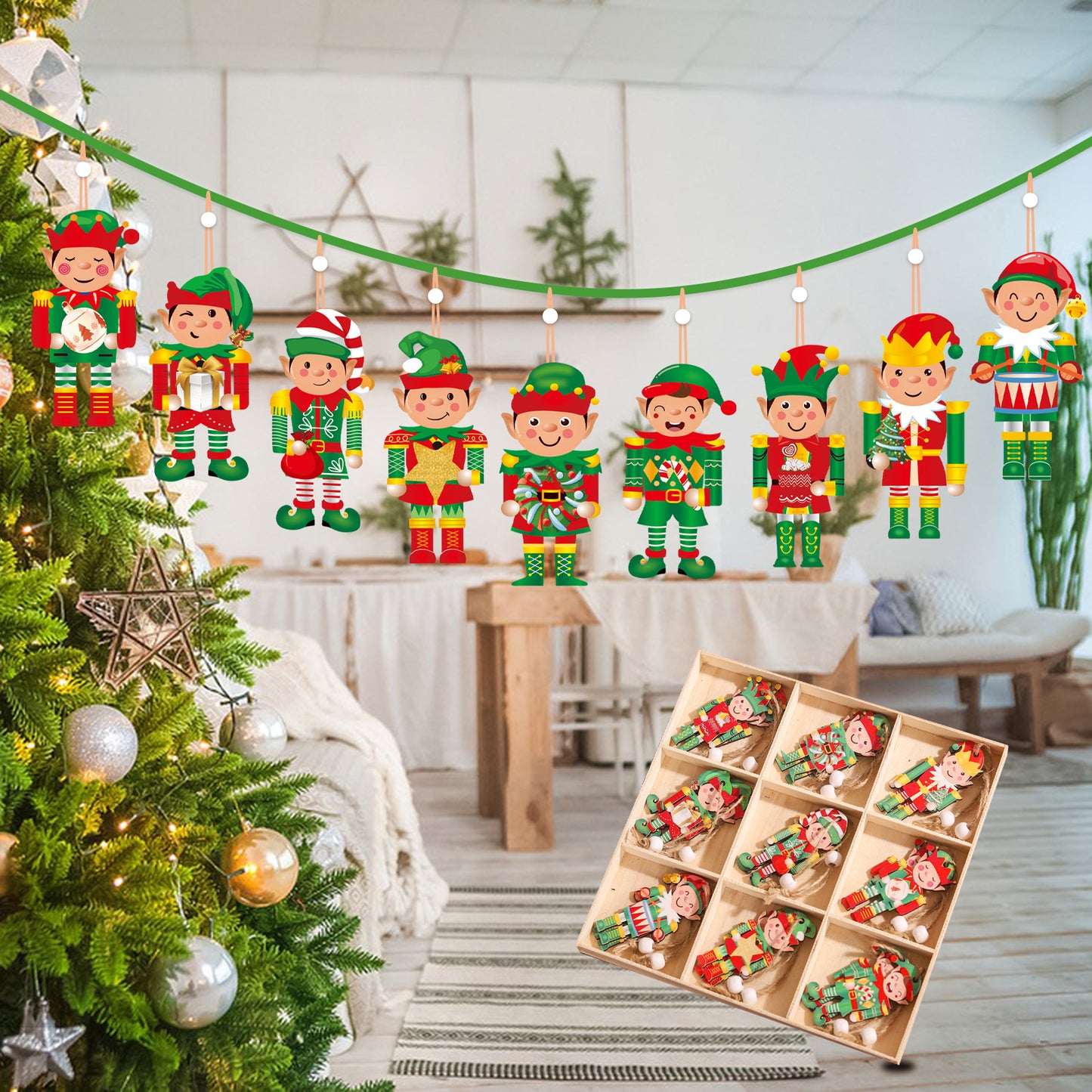 Christmas Wooden Pendant Doll Decorations Set - 18PCS Holiday Decor