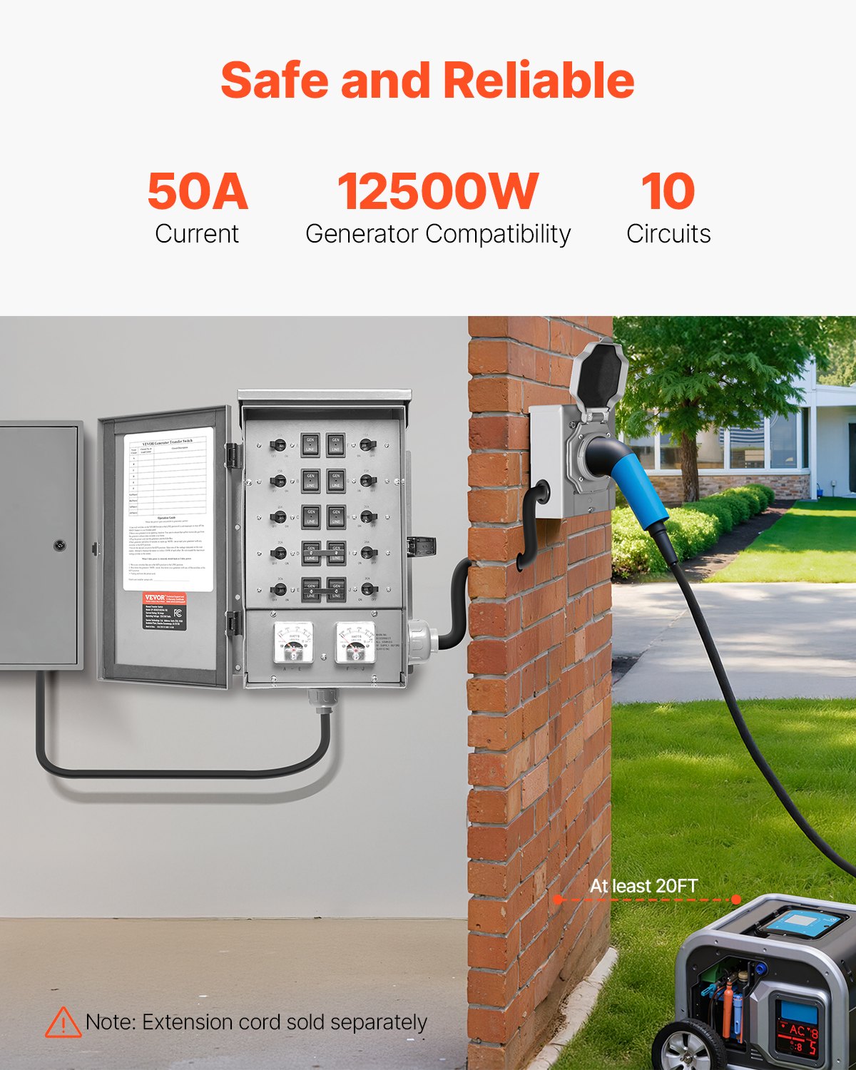 Manual Transfer Switch 50A 12500W Weatherproof Generator Power Switch Kit