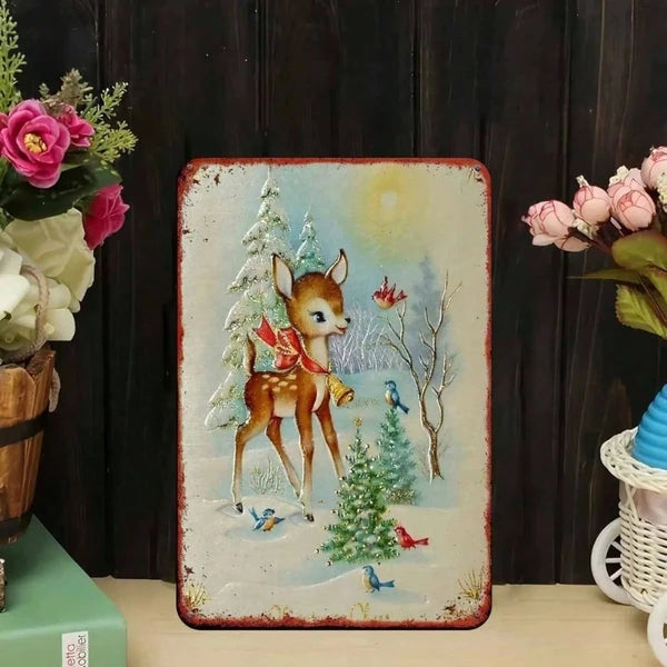 Rustic Metal Wall Sign - Winter Reindeer in Snowy Woods