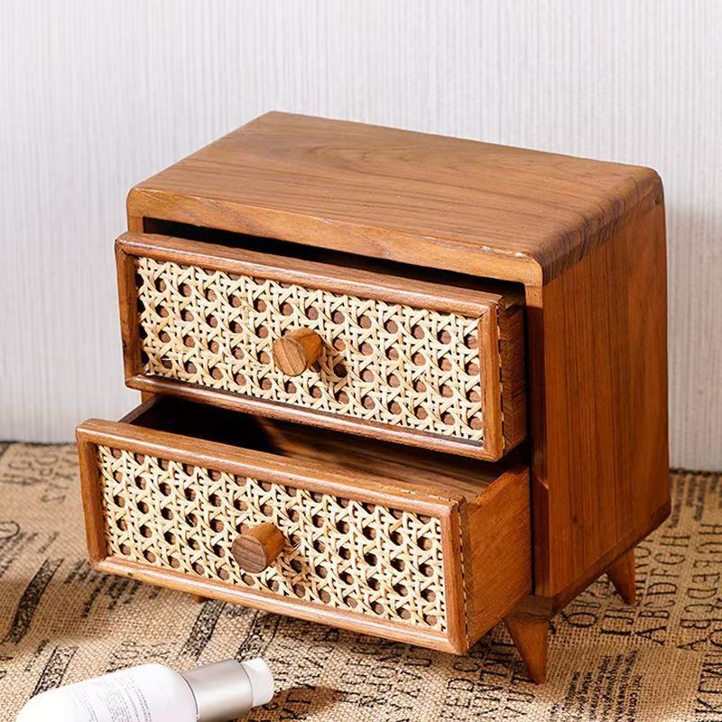 Small Rattan Woven Drawer Storage Box with 2 Layers for Home Organization