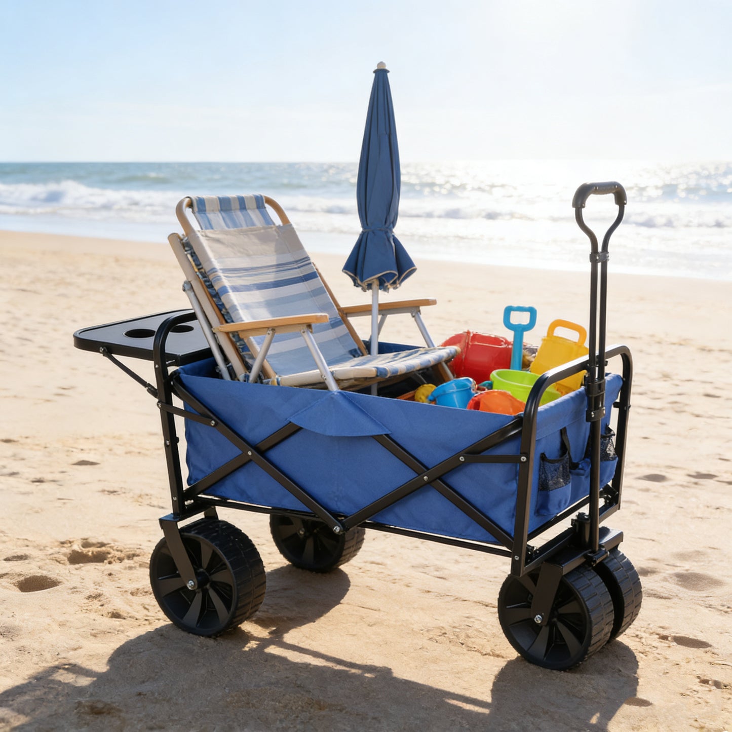 Folding Wagon Garden Shopping Beach Cart Blue