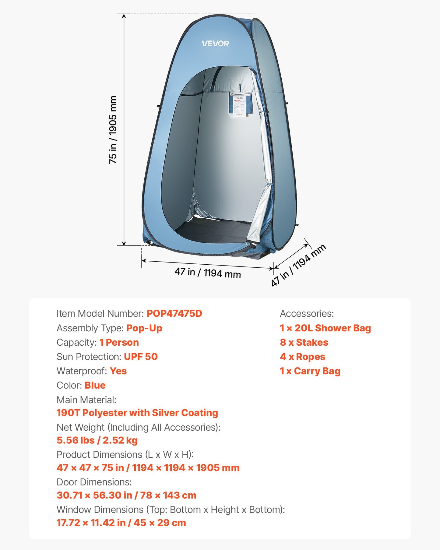 Portable Pop Up Shower Tent with Privacy Design & Accessories
