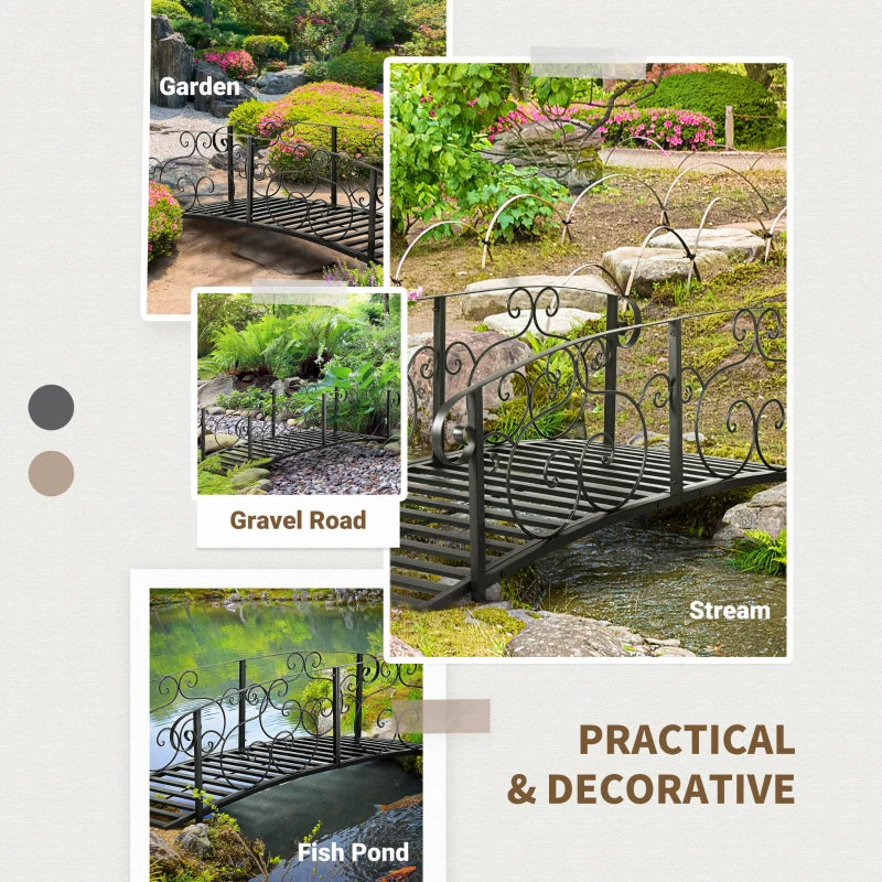 6' Metal Garden Bridge with Safety Siderails for Backyard Pond Creek - Black