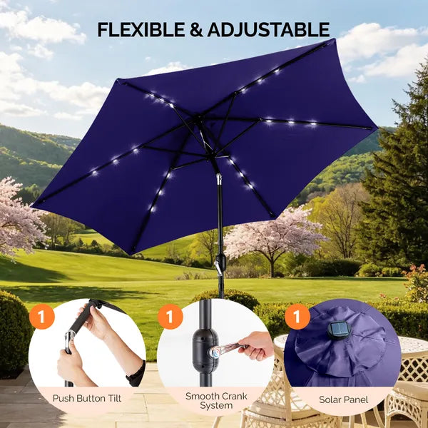 9ft Solar LED Patio Umbrella with Crank & Tilt - Navy Blue