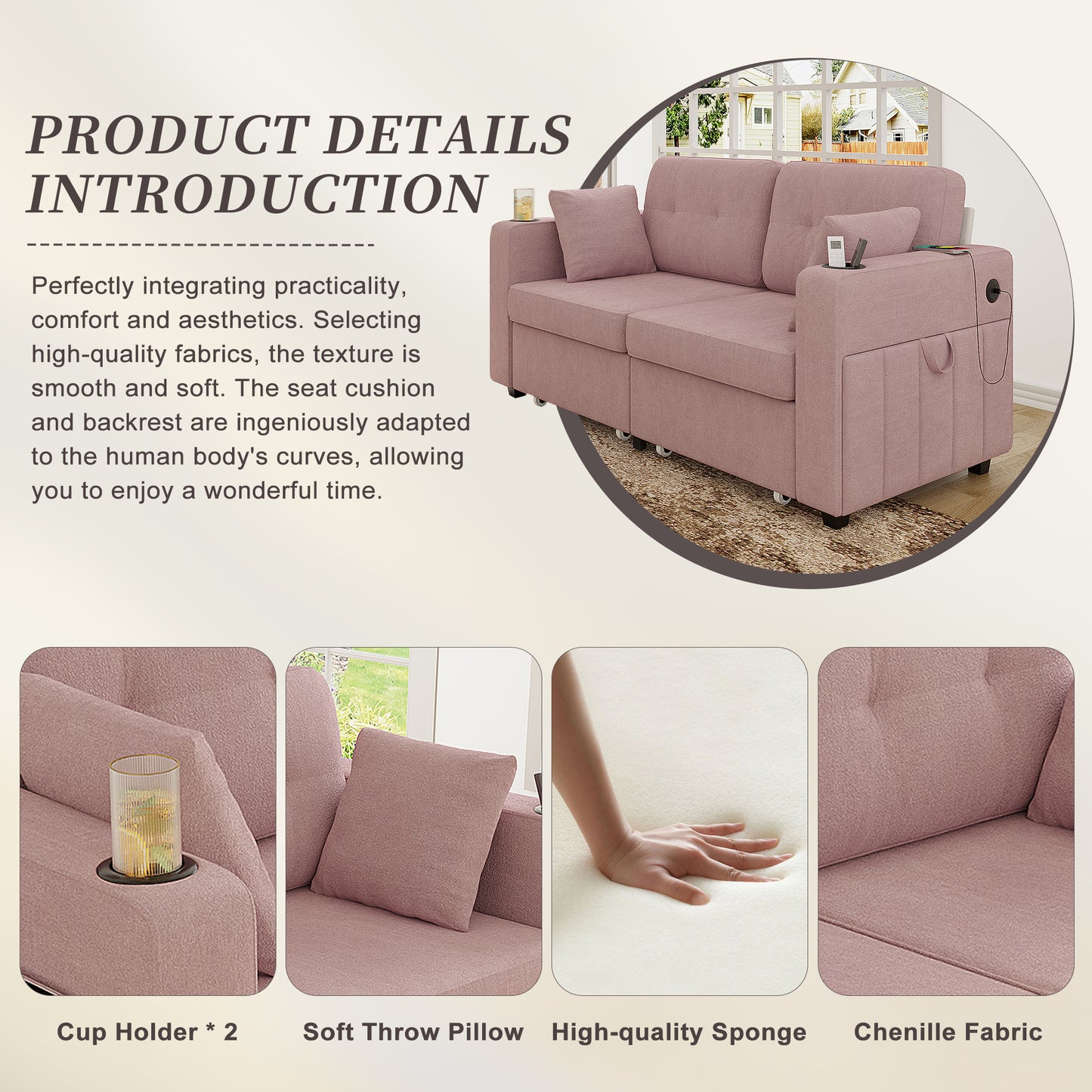 Modern 3-Seater Sofa with USB Charging & Storage - Pink