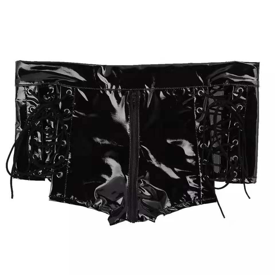 Women's High Shine PVC Patent Leather Zip Shorts - Black, Multiple Sizes
