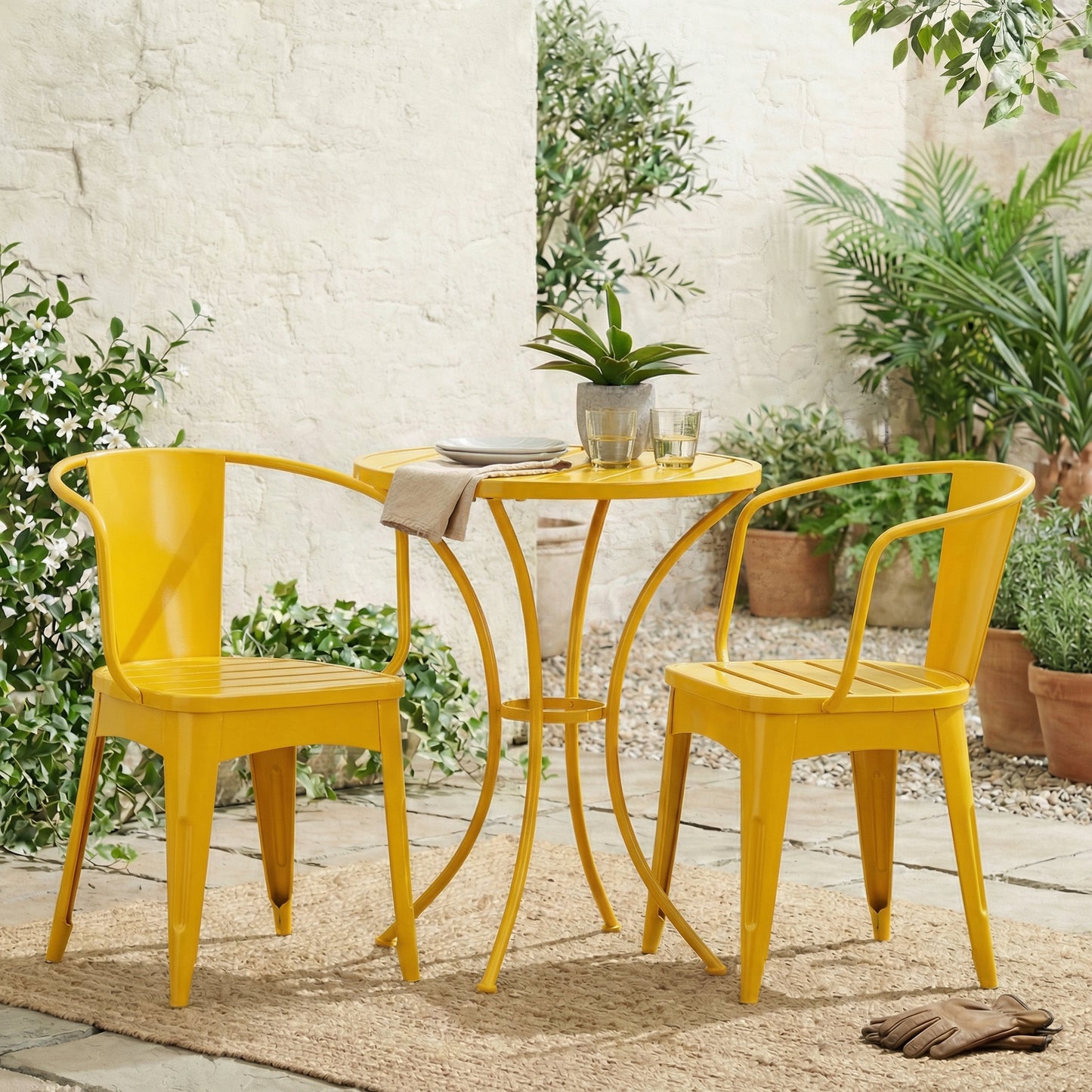 Outdoor 3-Piece Yellow Metal Bistro Set - Iron Table & Chairs