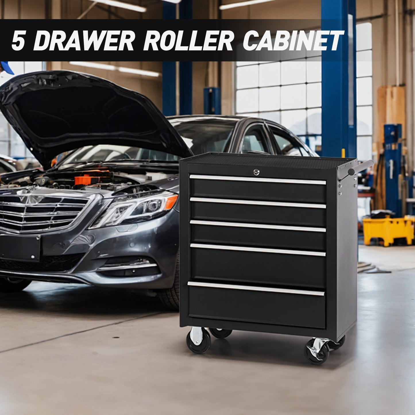5-Drawer Rolling Tool Chest with Lock & Key - Black Steel Storage