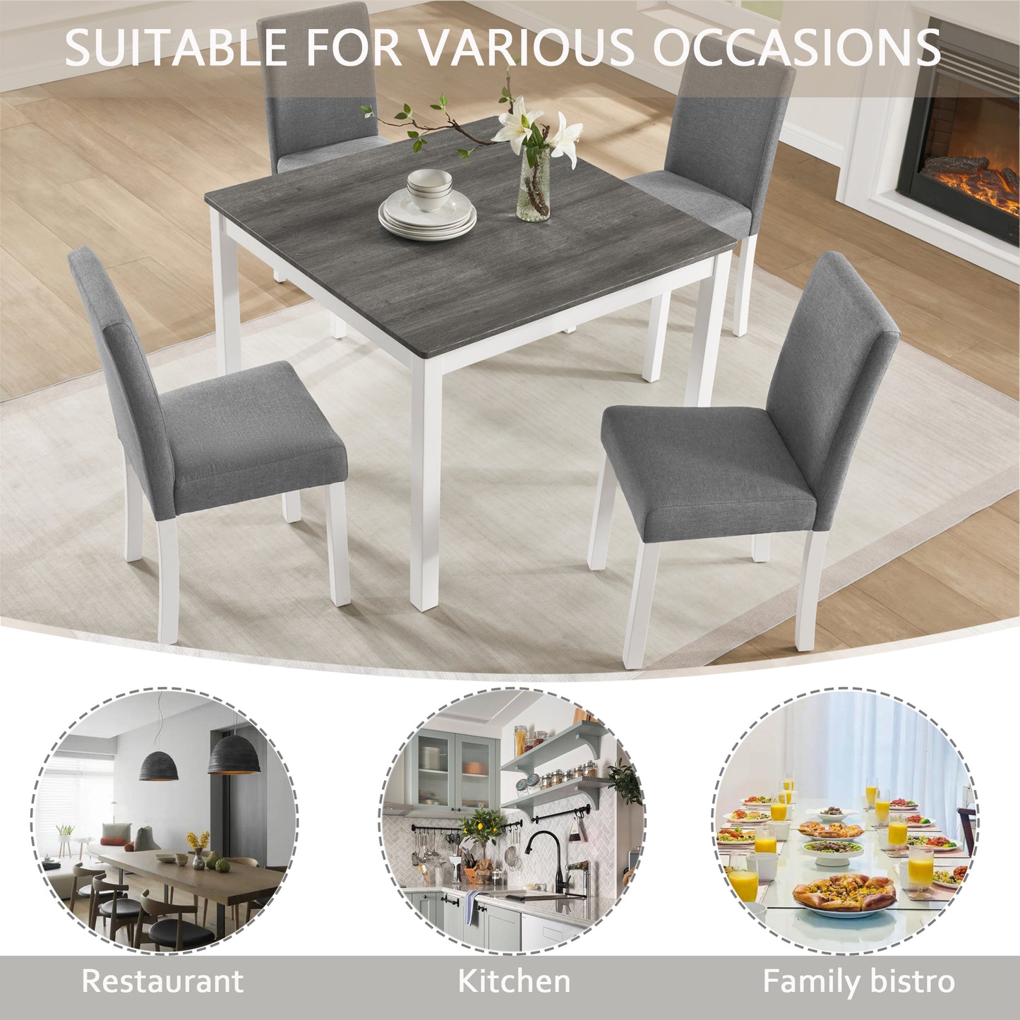 5-Piece Wooden Dining Table Set with 4 Chairs - Grey & White