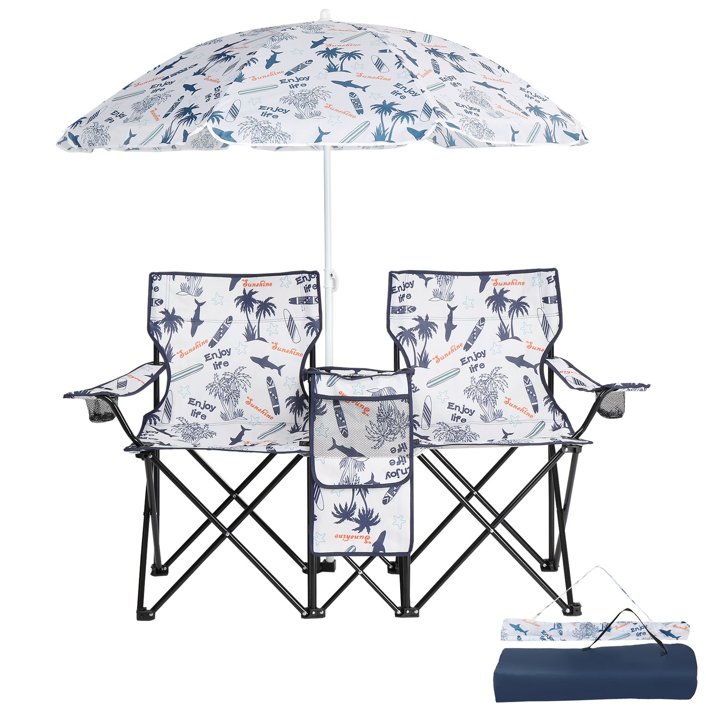 Portable Outdoor 2-Seat Fishing Chair with Removable Umbrella - Coconut Tree Pattern