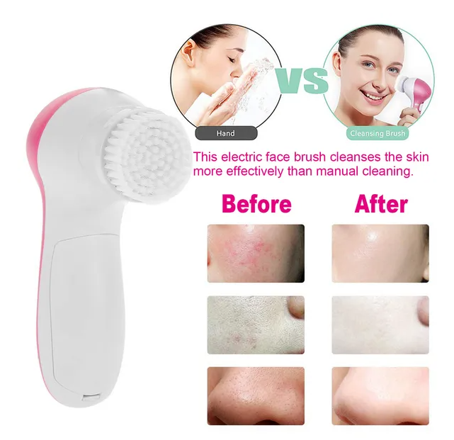 Electric Facial Cleansing Brush with 5 Brush Heads - Pink