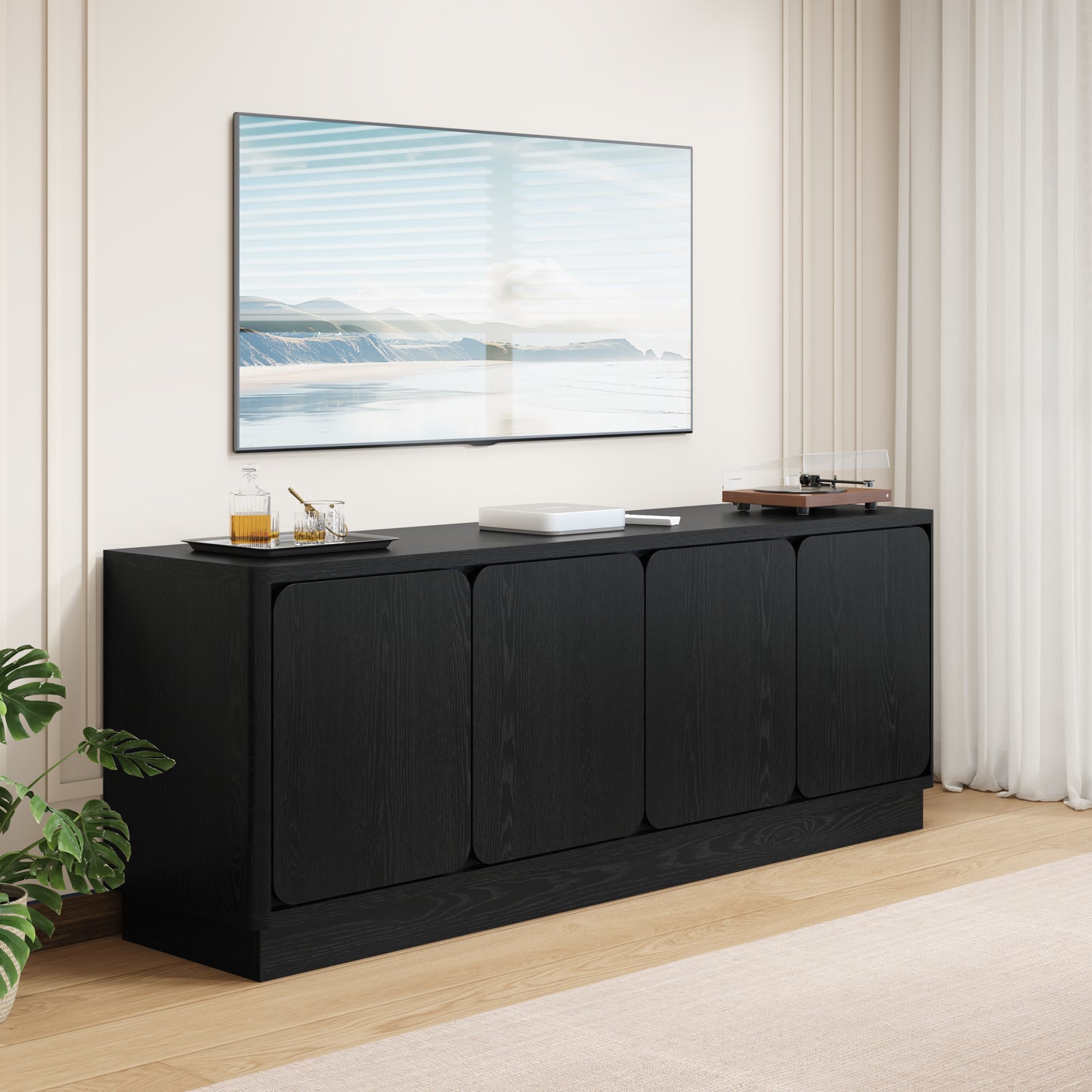 63 Inch Black TV Stand with 4 Storage Doors - Modern Media Console
