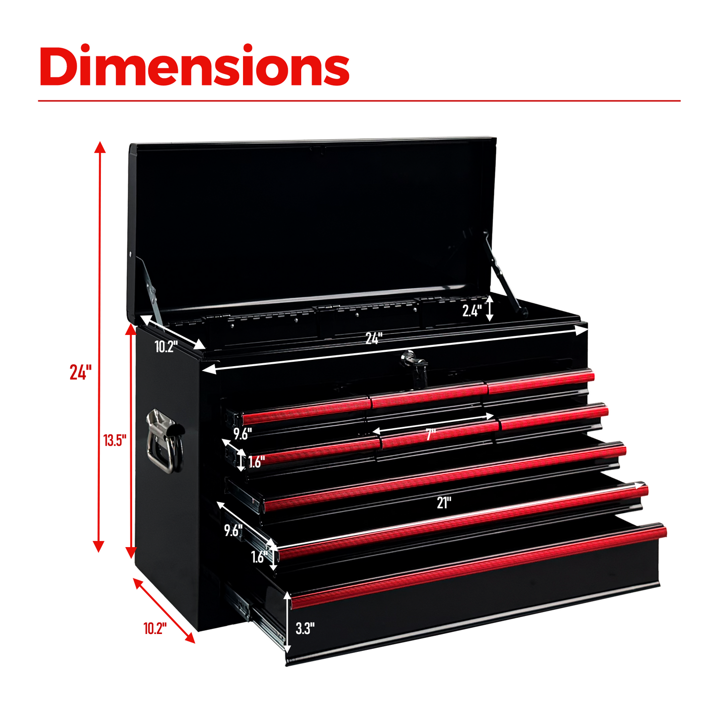 Heavy Duty Metal Tool Box 24 Inch with 9 Drawers & Locking Mechanism - Black
