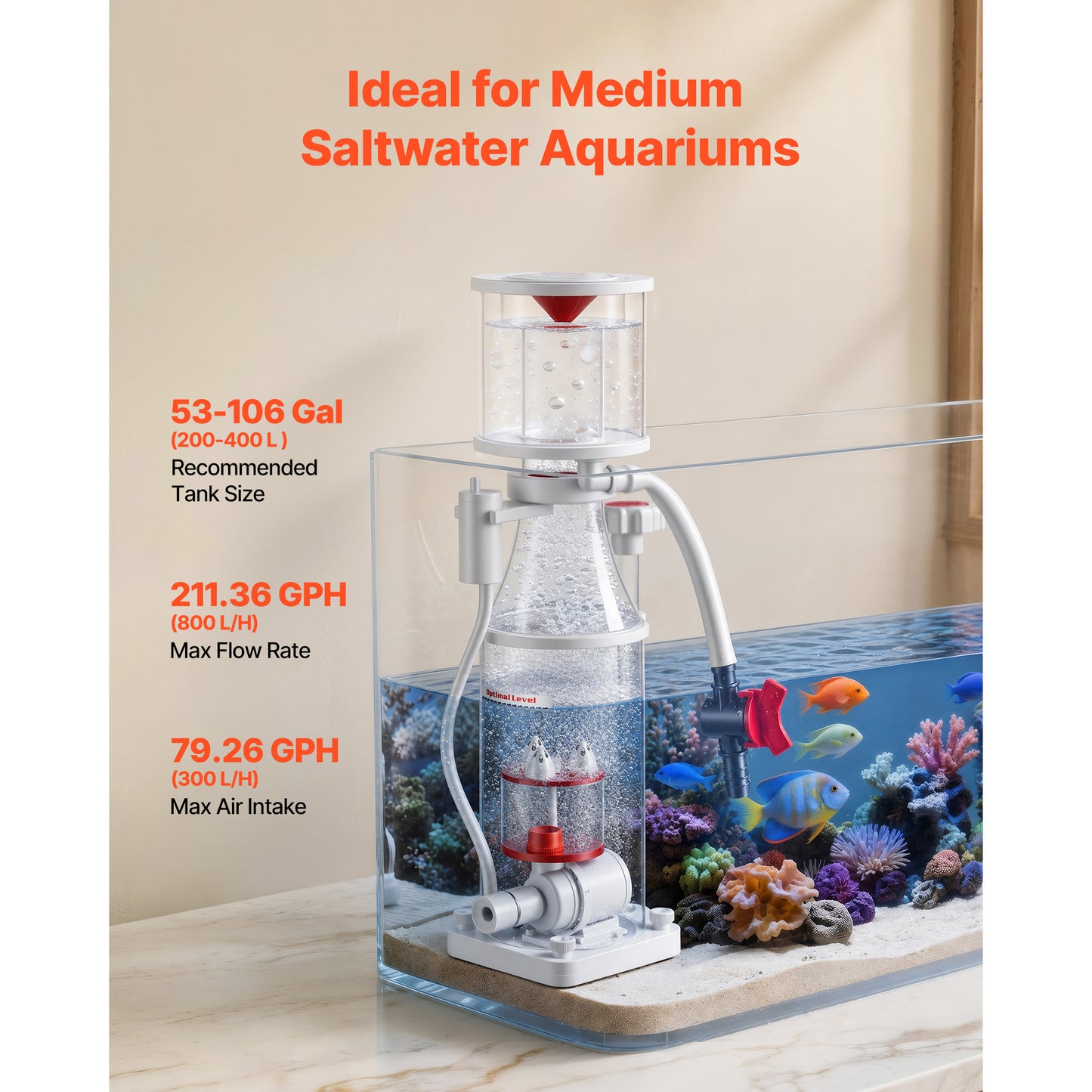 Saltwater Aquarium Protein Skimmer 53-106 Gallon with Pump & Adjustable Control