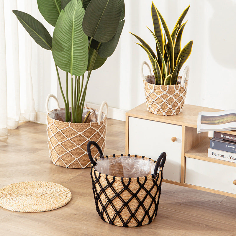 Floor-standing Flower Basket with Woven Straw Design - Garden & Home Decor