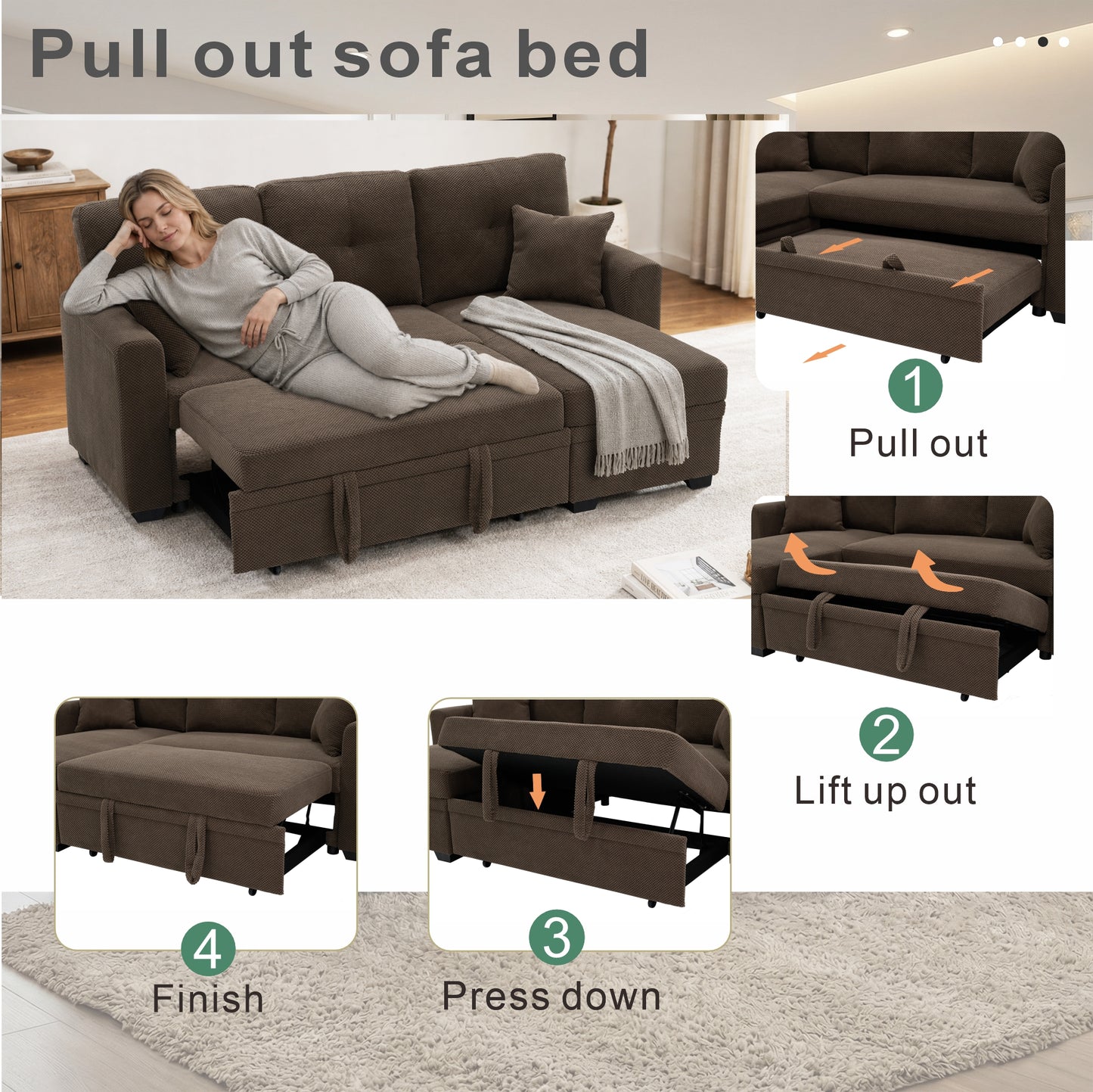 Reversible Chaise Sleeper Sofa Bed with Storage - Coffee
