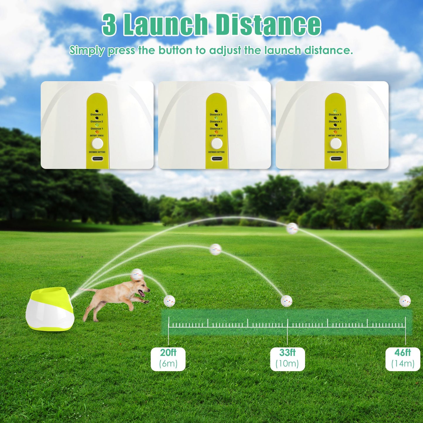 Automatic Dog Ball Launcher with Rechargeable Battery and Adjustable Distance - 6pcs 2.3in Balls