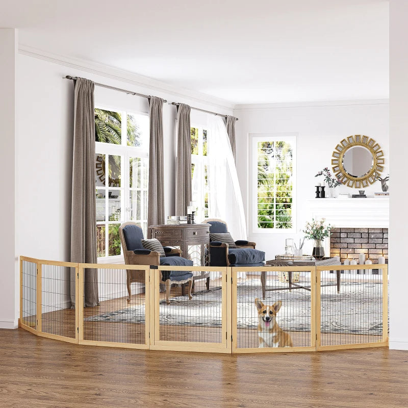 Wooden Pet Gate 6-Panel Folding Dog Safety Barrier for Small & Medium Dogs
