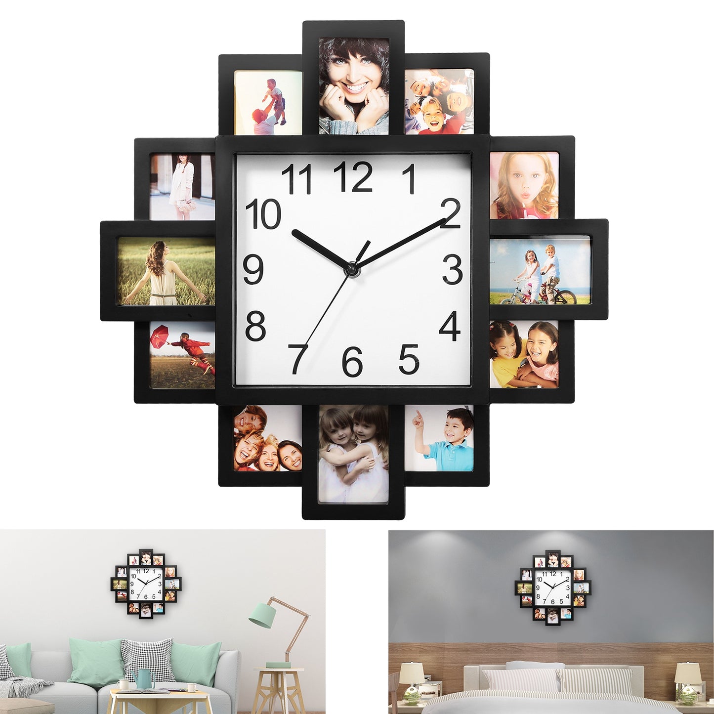 Photo Frame Wall Clock - 12 Picture Collage, Black