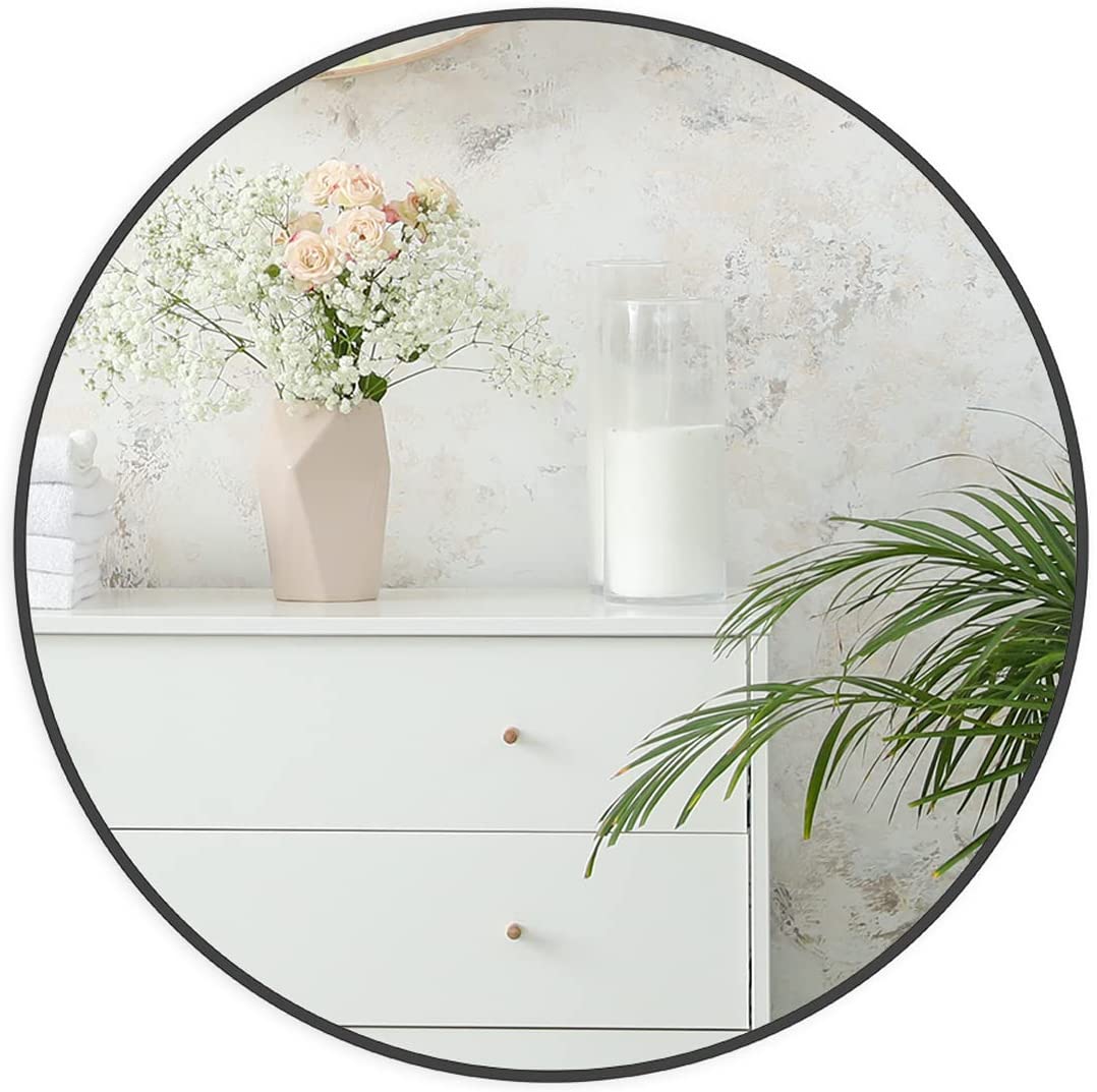 30 Inch Round Black Metal Framed Bathroom Wall Mirror