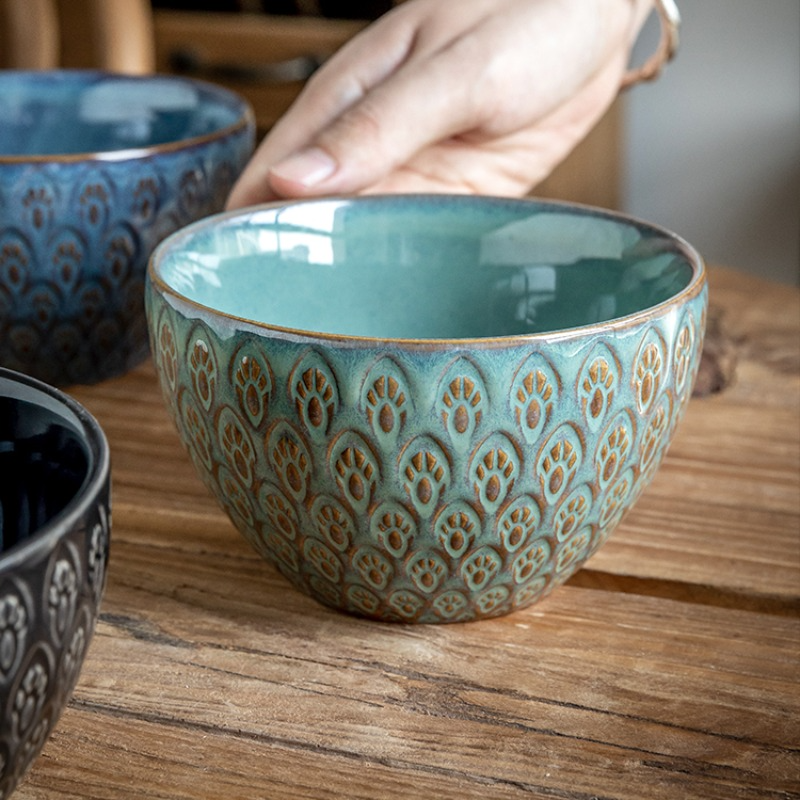 Ceramic Peacock Relief Rice Bowl Set - 5-Inch Kitchen Tableware